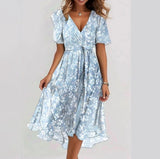 Chiffon Printed Short Sleeve Dress Summer Elegant V-neck Dresses Womens Clothing - happyshop365247