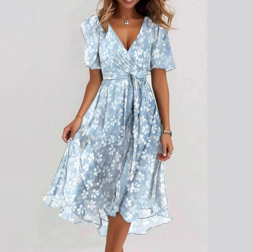 Chiffon Printed Short Sleeve Dress Summer Elegant V-neck Dresses Womens Clothing - happyshop365247