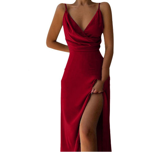 V-neck Slit Sling Dress Summer Fashion Sexy Slim Suspender Dresses For Women Clothing - happyshop365247