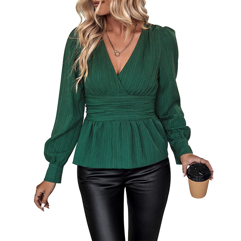 European And American Fall Women's Clothing V-neck Slim Shirt Women - happyshop365247