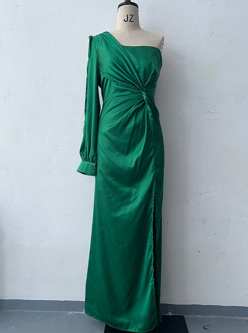 Women's One-shoulder Split Dress Ins Fashion Long-sleeved Slim Long Dresses Party Evening Clothing - happyshop365247