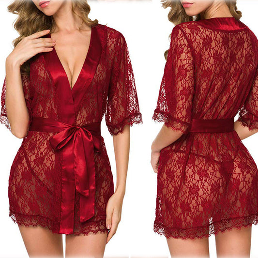 Lingerie Women Lace Hollow-out Robe Suits Pajamas - happyshop365247