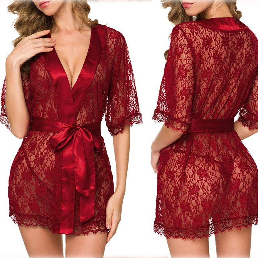 Lingerie Women Lace Hollow-out Robe Suits Pajamas - happyshop365247