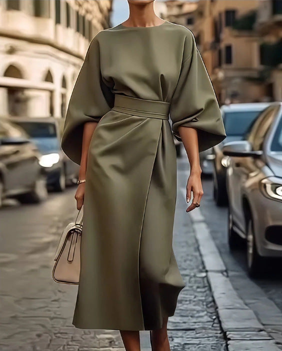 Loose Batwing Sleeve Dress Fashion Waist-tighted Solid Color Elegant Dresses For Women Clothing - happyshop365247