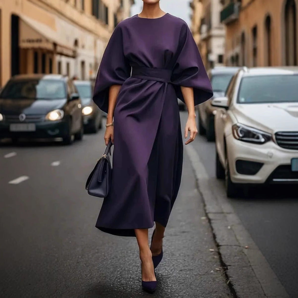 Loose Batwing Sleeve Dress Fashion Waist-tighted Solid Color Elegant Dresses For Women Clothing - happyshop365247