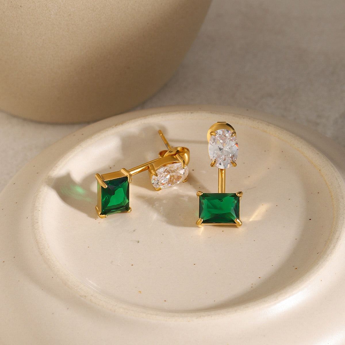 18K gold exquisite dazzling oval and square gemstone design earrings - happyshop365247