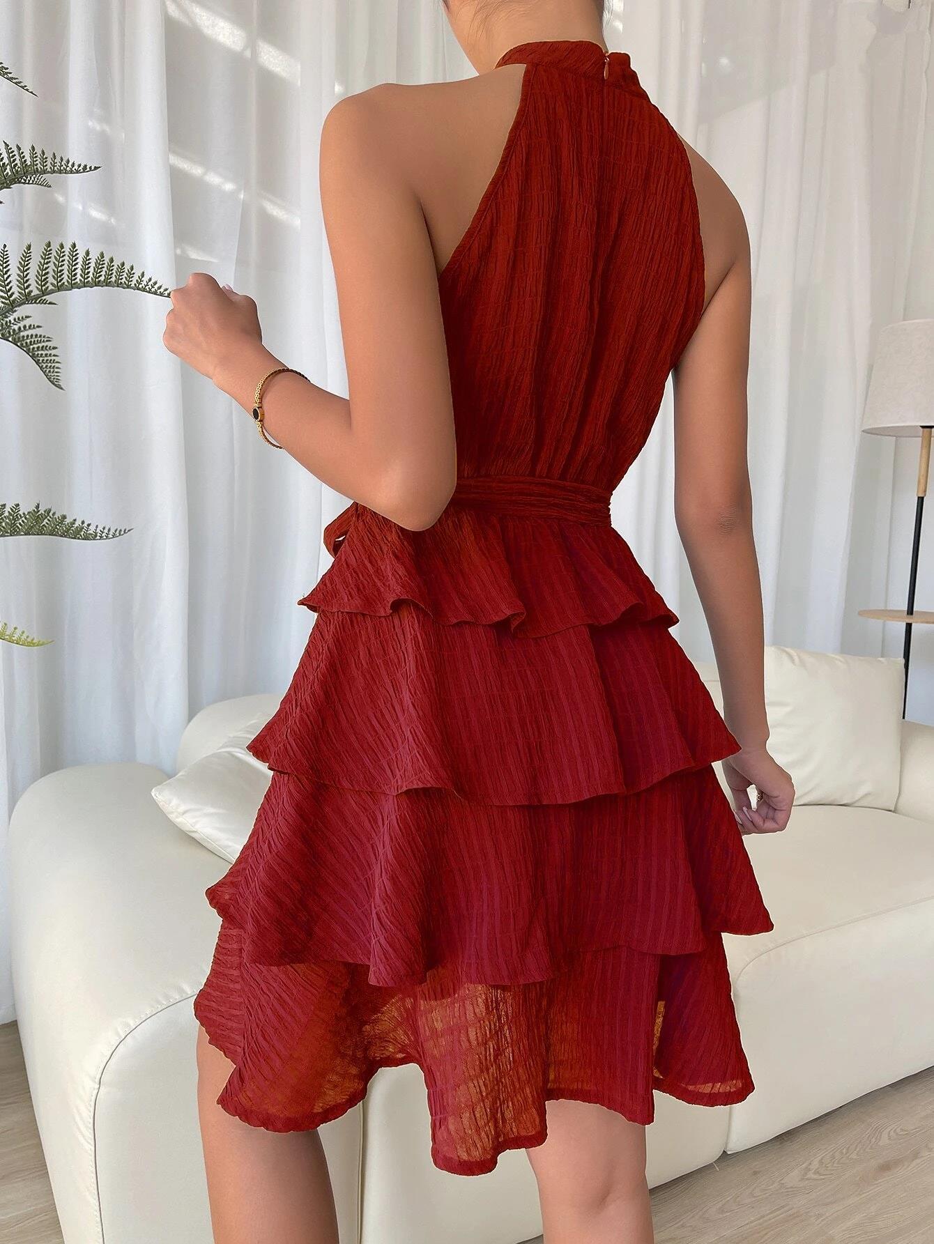 Women's Halterneck Dresses Sleeveless Ruffle Dress - happyshop365247