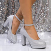 Spring sequined one-shoulder le pearl thick heel high heel fashion, large size