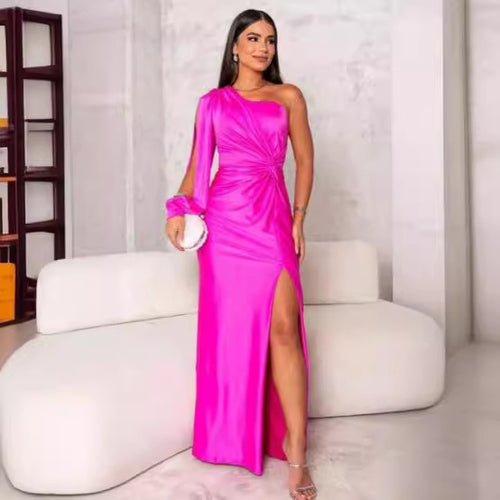 Women's One-shoulder Split Dress Ins Fashion Long-sleeved Slim Long Dresses Party Evening Clothing