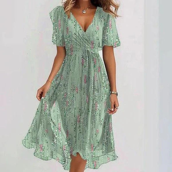 Chiffon Printed Short Sleeve Dress Summer Elegant V-neck Dresses Womens Clothing - happyshop365247