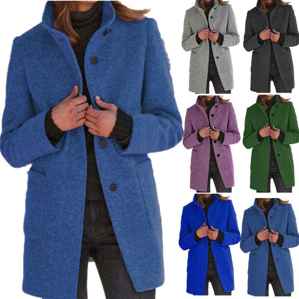 Fashion Stand Collar Woolen Coat With Pockets Fall Winter Casual Button Outwear For Women Clothing - happyshop365247