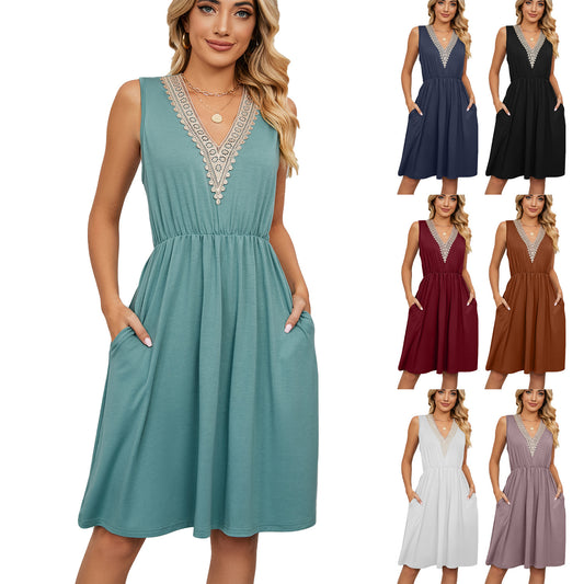 Lace Panel Sleeveless Dresss With Pocket V-neck Dresses For Women - happyshop365247