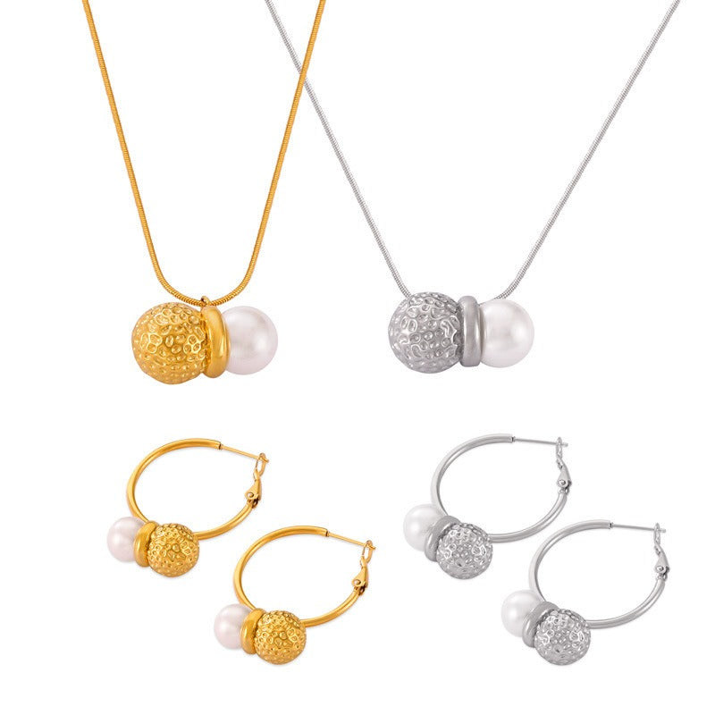 18K gold exquisite noble hammer pattern ball splicing pearl design light luxury style earrings necklace set - happyshop365247