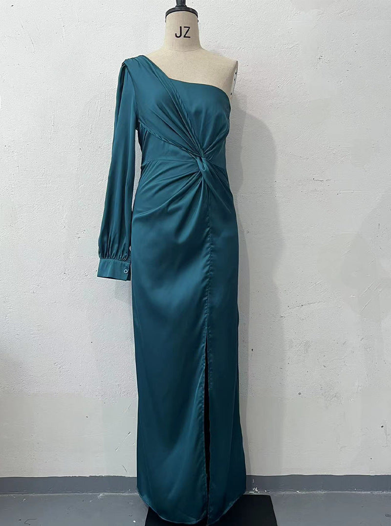 Women's One-shoulder Split Dress Ins Fashion Long-sleeved Slim Long Dresses Party Evening Clothing - happyshop365247