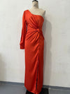 Women's One-shoulder Split Dress Ins Fashion Long-sleeved Slim Long Dresses Party Evening Clothing