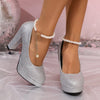 Spring sequined one-shoulder le pearl thick heel high heel fashion, large size
