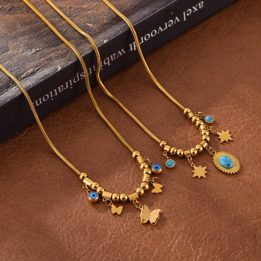 18K gold exquisite and noble butterfly/gemstone-inlaid design light luxury style necklace - happyshop365247