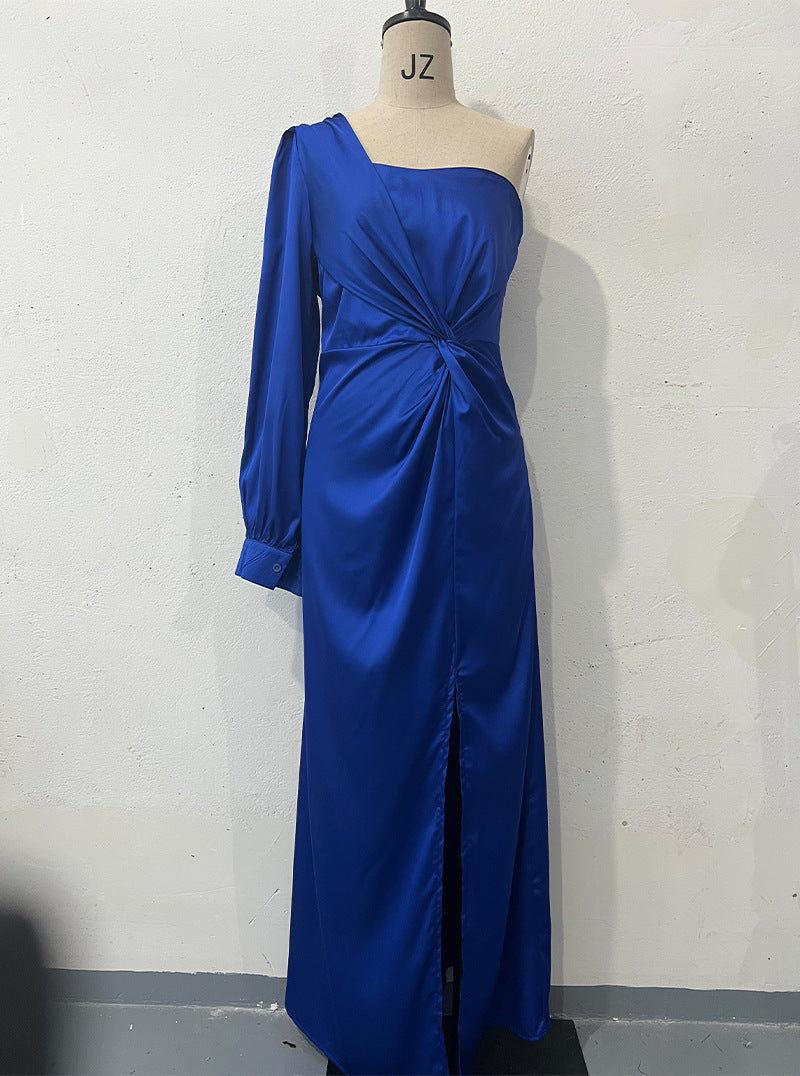 Women's One-shoulder Split Dress Ins Fashion Long-sleeved Slim Long Dresses Party Evening Clothing - happyshop365247
