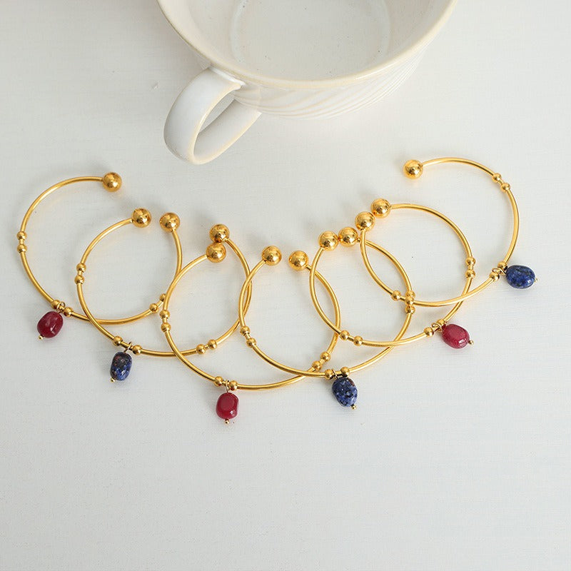 18K gold round shape with gemstone pendant design light luxury simple open bracelet - happyshop365247