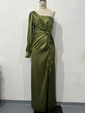Women's One-shoulder Split Dress Ins Fashion Long-sleeved Slim Long Dresses Party Evening Clothing