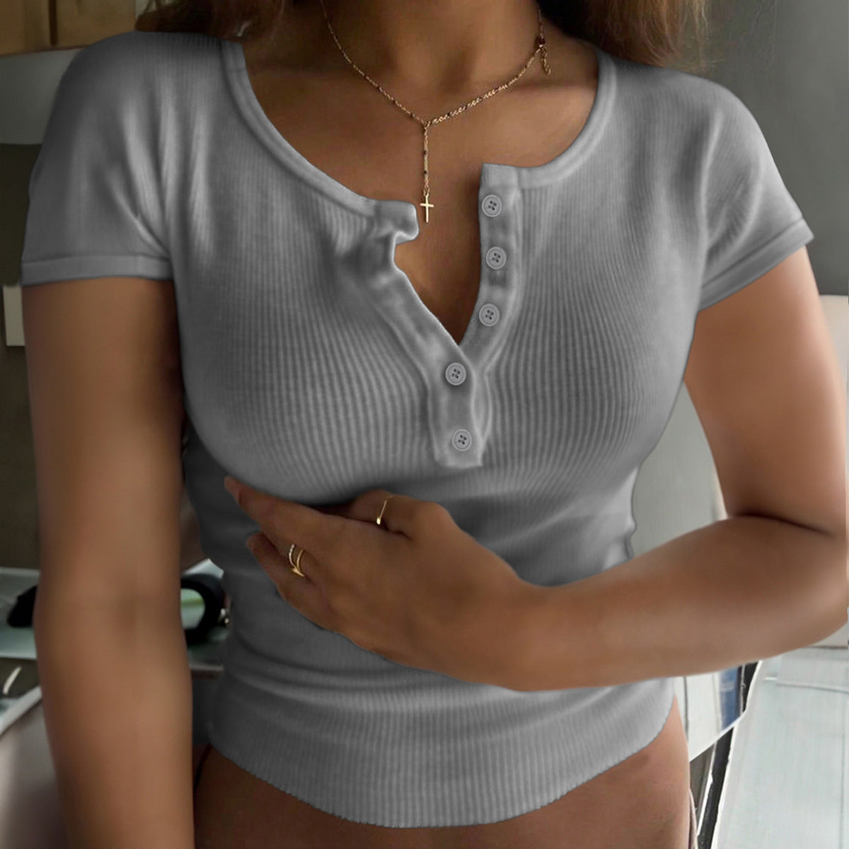 Y2g Sexy Buttons V-neck Short-sleeved Top T-shirt - happyshop365247