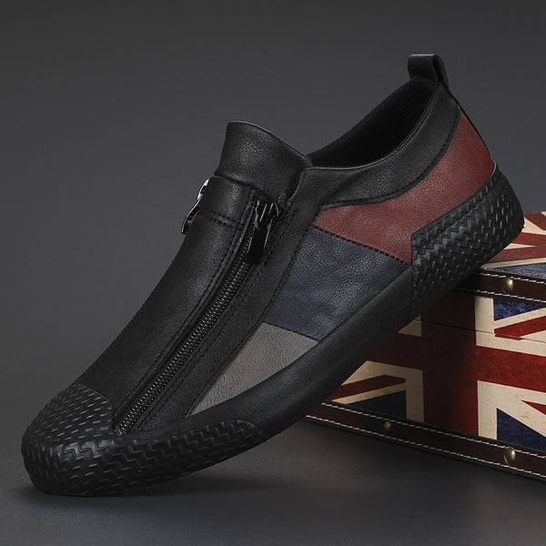 Autumn men's shoes: -style casual shoes, one-foot lazy shoes, zipper leather shoes, color-blocked trendy shoes, flat board shoes for men