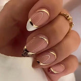 Almond Nail Shiny Gold Foil Color-blocking Leopard Print White Fake Nails - happyshop365247