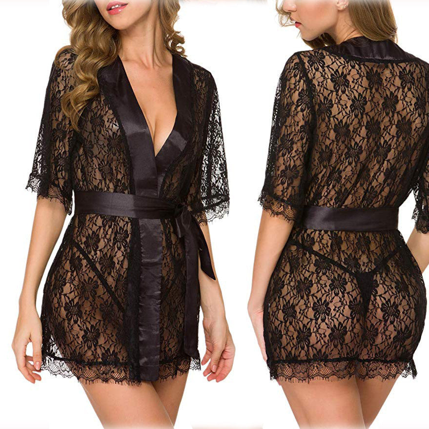 Lingerie Women Lace Hollow-out Robe Suits Pajamas - happyshop365247