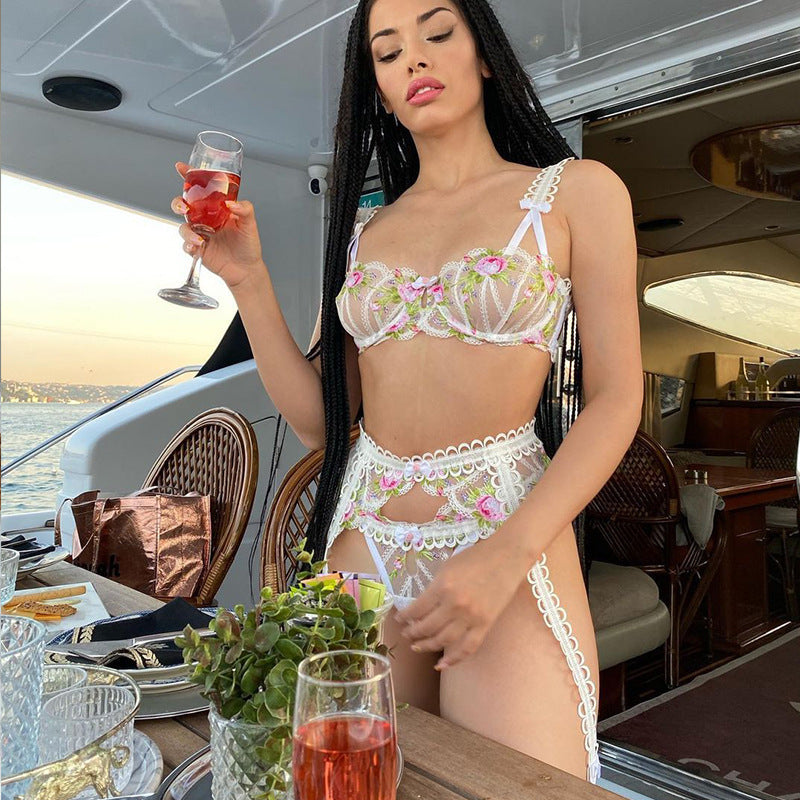 Bowknot Embroidery Retro Heavy Craft Floral Sexy Lingerie - happyshop365247