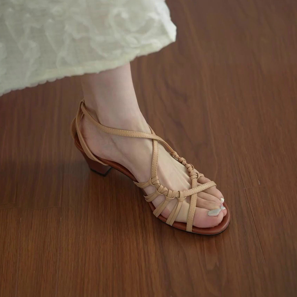 Soft leather version ~ Elegant woven hollowed-out one-line open-toe thick-heeled sandals, fairy vacation style Roman shoes for women - happyshop365247