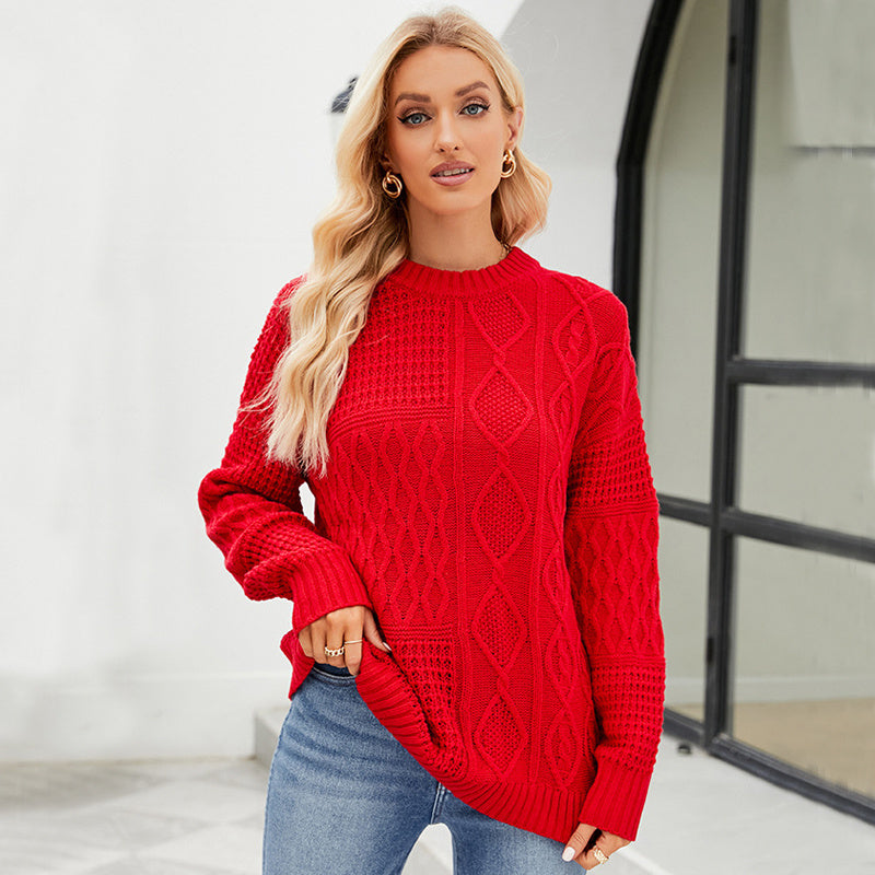 Casual Round-neck Pullover Sweater Fall Winter Solid Color Cable-knot Pattern Tops Women Clothing - happyshop365247