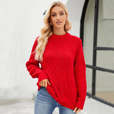Casual Round-neck Pullover Sweater Fall Winter Solid Color Cable-knot Pattern Tops Women Clothing - happyshop365247