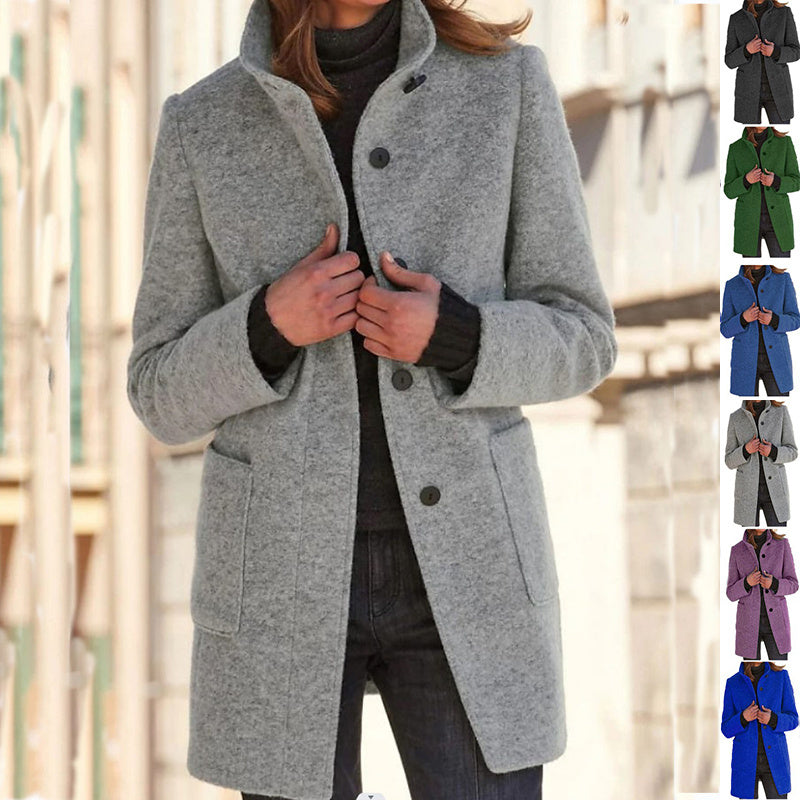 Fashion Stand Collar Woolen Coat With Pockets Fall Winter Casual Button Outwear For Women Clothing - happyshop365247