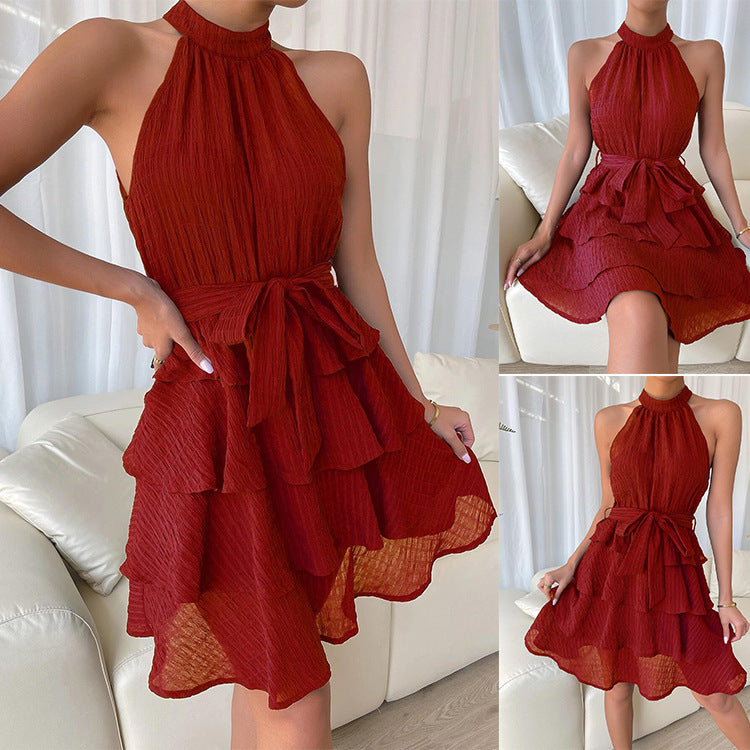 Women's Halterneck Dresses Sleeveless Ruffle Dress - happyshop365247