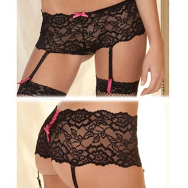 Crotchless Lace Boyleg with Garters Black S/M - happyshop365247