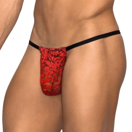 Male Power Stretch Lace Posing Strap Red One Size - happyshop365247