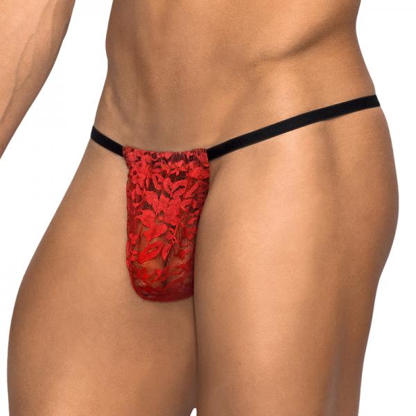 Male Power Stretch Lace Posing Strap Red One Size - happyshop365247